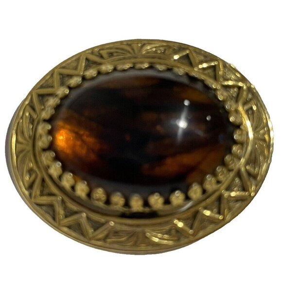 VINTAGE FREIRICH GOLD TONE TIGERS EYE PIN BROOCH SIGNED OVAL 1 3/8" SIGNED - Picture 2 of 5